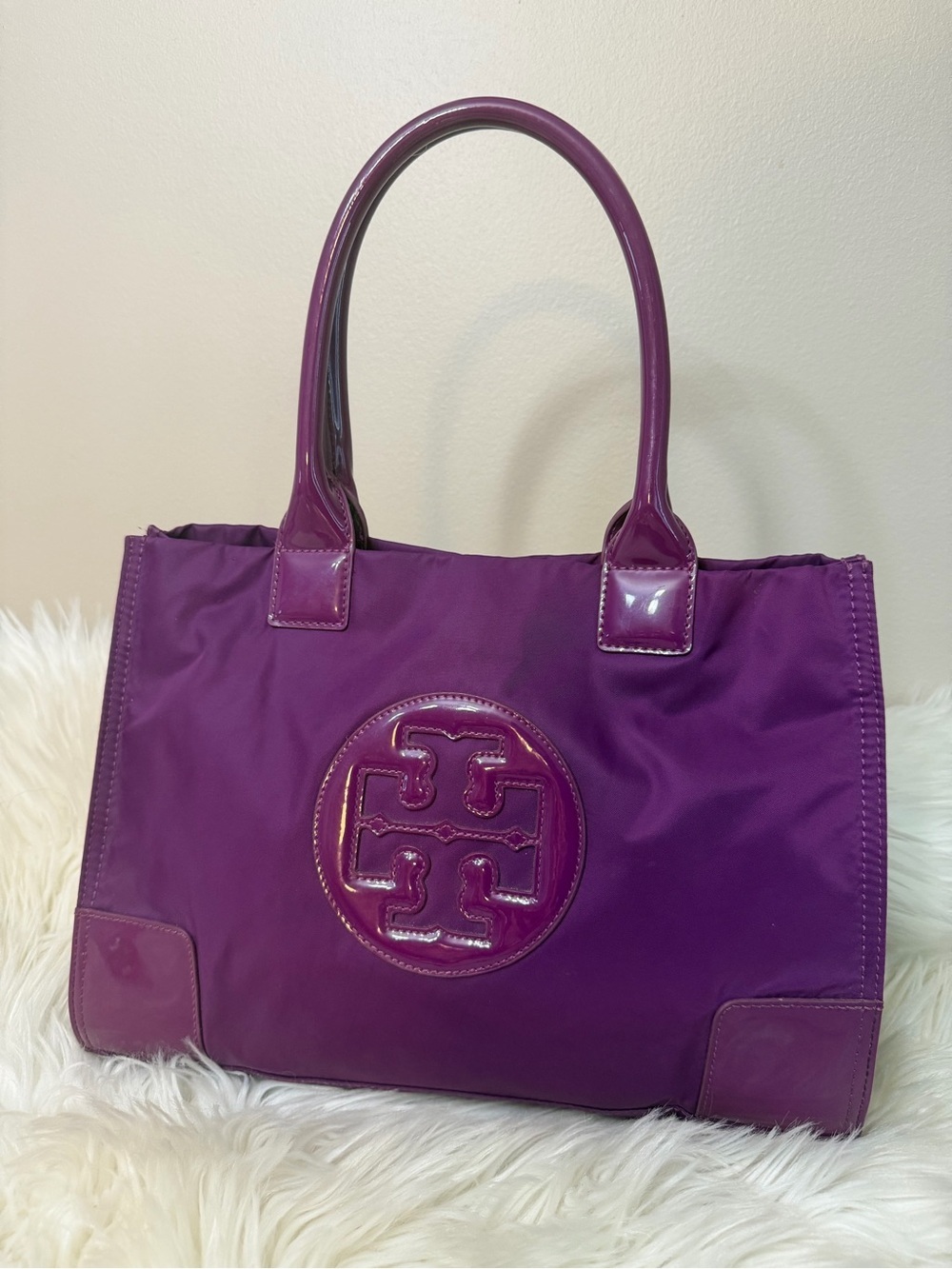 Tory Burch Ella tote in a vibrant purple nylon